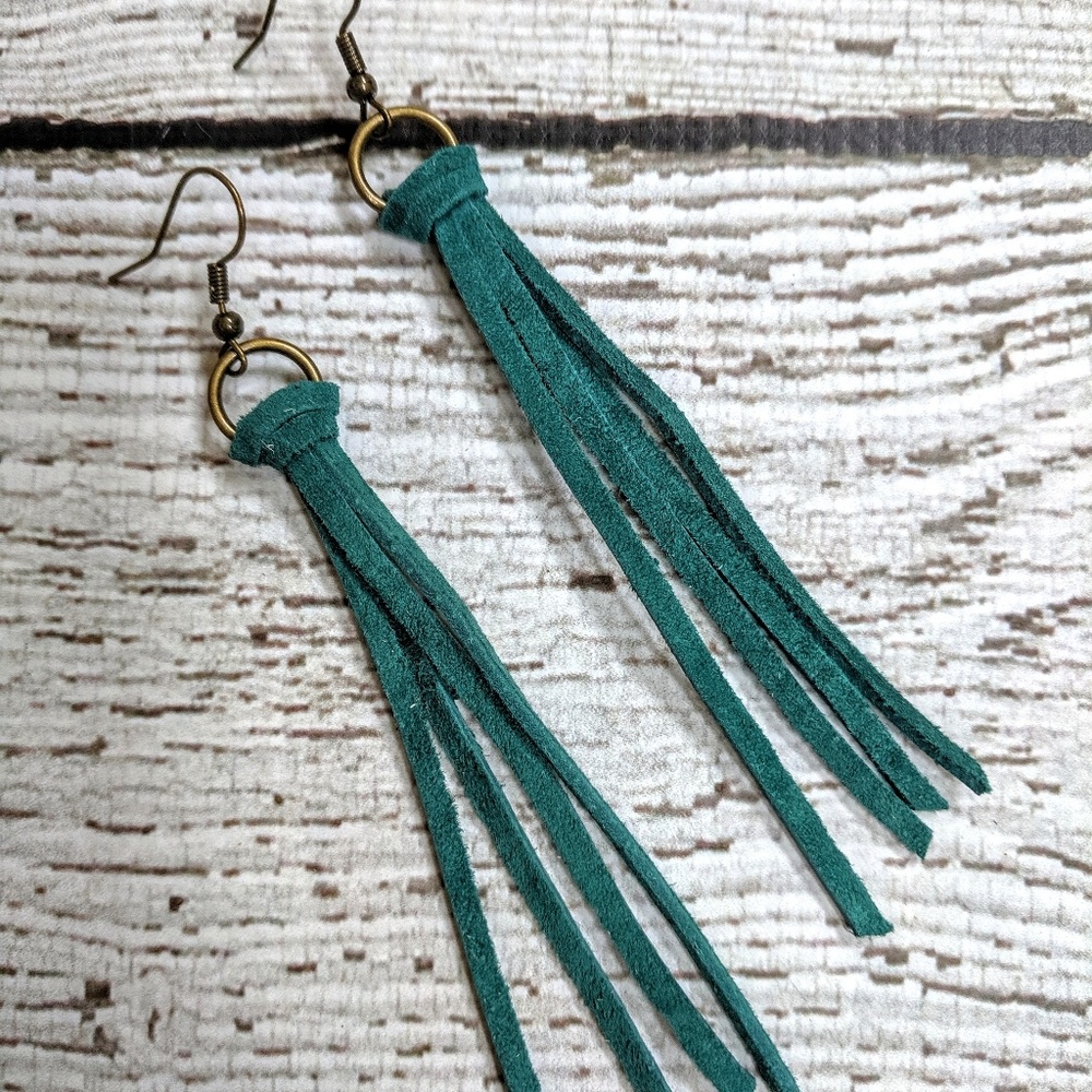 Artisan Turquoise Leather fringed earrings